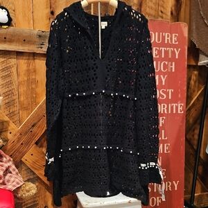 178 POL Black Crochet Hooded Sweater W Pearl Embellishments